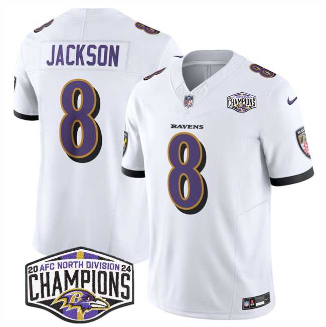 Men%27s Baltimore Ravens #8 Lamar Jackson White F.U.S.E 2024 AFC North Division Champions Vapor Limited Jersey